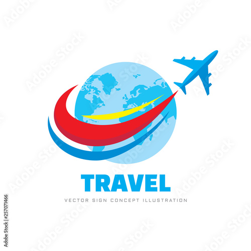 Travel - concept business logo template vector illustration. Airplane with abstract globe earth. Graphic design element. 