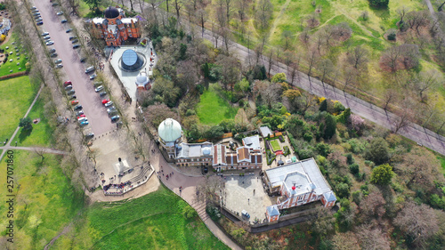 Aerial drone photo of iconic Greenwich observatory in the heart of London, Greenwich park, United Kingdom photo