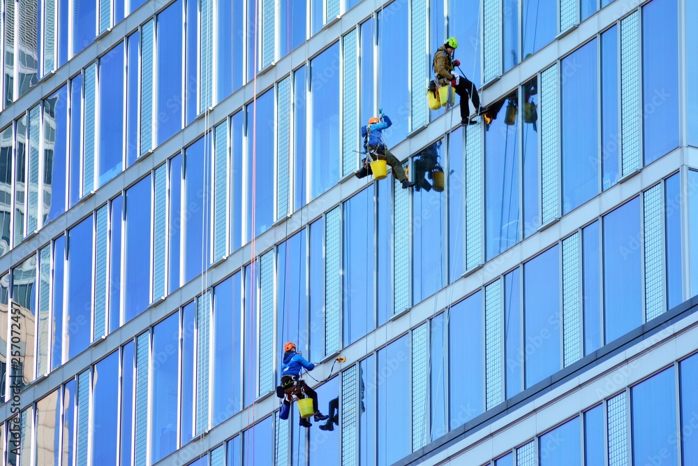 Fototapeta premium Climbers wash windows and glass facade of the skyscraper