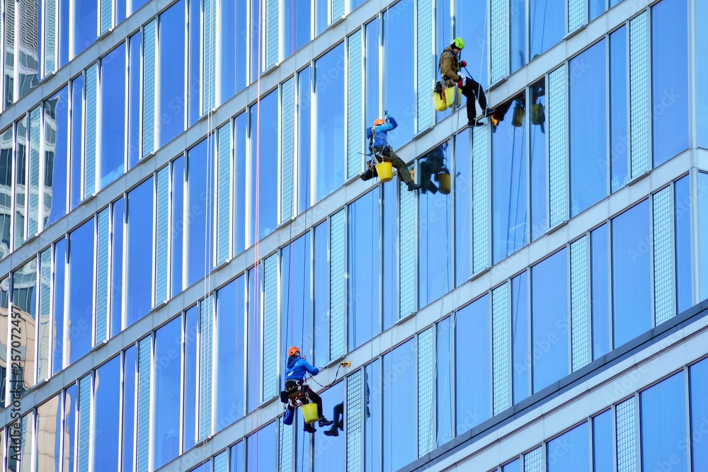Climbers wash windows and glass facade of the skyscraper