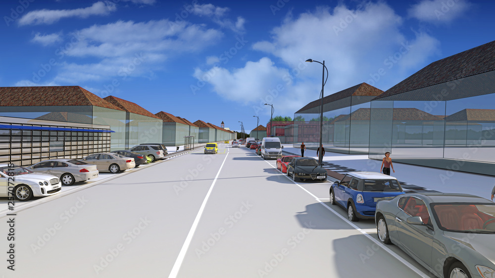 Architectural engineering design of urban street in city center using BIM, 3d illustration, 3d rendering