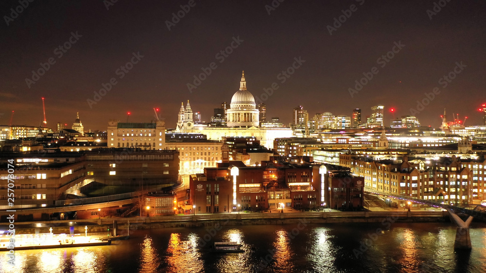 Aerial drone night shot of iconic landmark   Saint Paul Cathedral in the heart of City financial district of London, United Kingdom