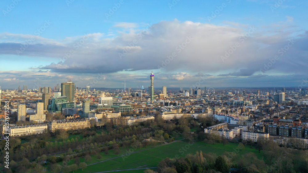 Aerial drone photo of British Telecoms communication Tower in the heart of London, United Kingdom