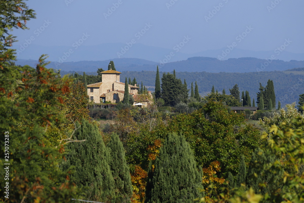 Landscape of Tuscany in autumn: hills, farmhouses, olive trees, cypresses, vineyards. The hills of Chianti south of Florence