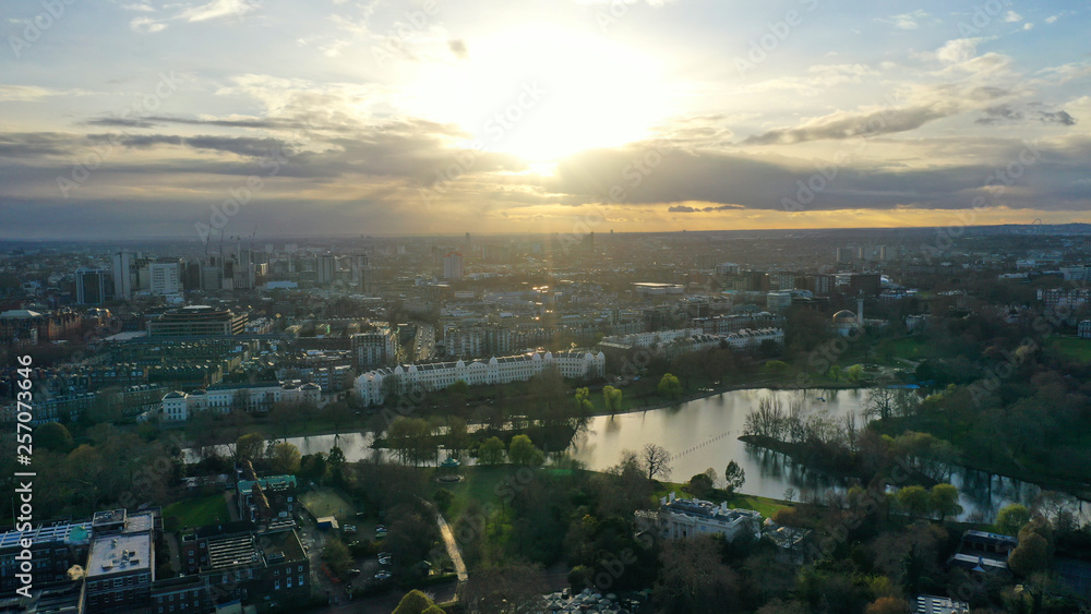 Obraz premium Aerial drone bird's eye view photo of famous Regent's Royal Park unique nature and Symetry of Queen Mary's Rose Gardens as seen from above, London, United Kingdom