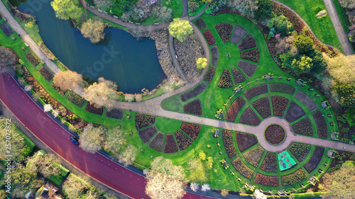 Aerial drone top down photo of famous Regent's Royal Park unique nature and Symmetry of Queen Mary's Rose Gardens as seen from above, London, United Kingdom