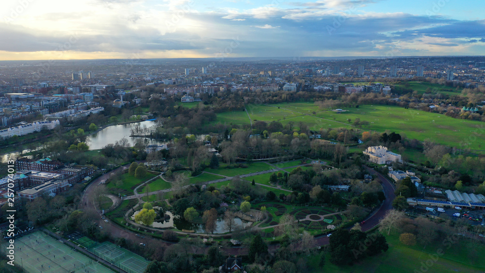 Aerial drone bird's eye view photo of famous Regent's Royal Park unique nature and Symetry of Queen Mary's Rose Gardens as seen from above, London, United Kingdom