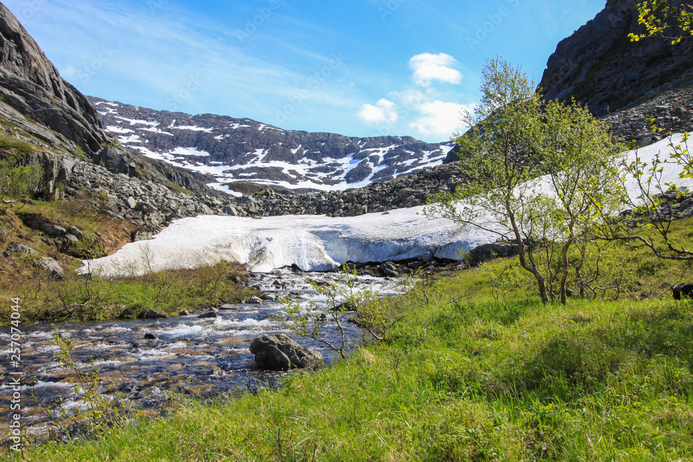 Spring trip in the mountains of northern Norway, river in Tosholdalen Spring trip in the mountains of northern Norway, river in Tosholdalen