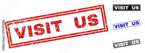 Grunge VISIT US rectangle stamp seals isolated on a white background. Rectangular seals with grunge texture in red, blue, black and gray colors.