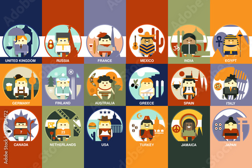 Boys dressed in different national costumes set, nationalities of the world colorful vector illustration