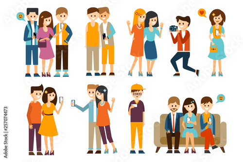 People characters taking photos of themselves in different situations set vector illustration