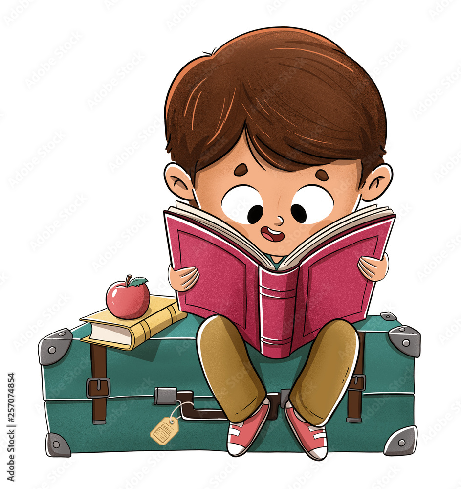 Niño leyendo un libro sentado sobre una maleta ilustración de Stock | Adobe  Stock