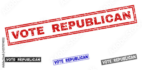 Grunge VOTE REPUBLICAN rectangle stamp seals isolated on a white background. Rectangular seals with grunge texture in red, blue, black and gray colors.