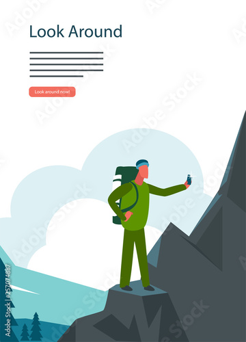 Adventure hiking, mountian landscape tourist with selfy phone