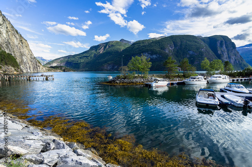 Small picturesque port of Valldal, a village on Norddalsfjorden, Sunnmore, More og Romsdal, Norway
