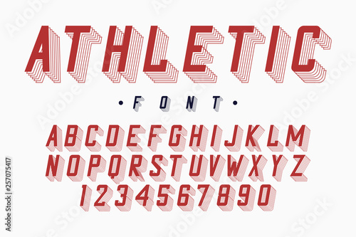 Athletic font, varsity and college alphabet. Original letters and numbers for sportswear, t-shirt, university logo. Modern typeface. Vector illustration.