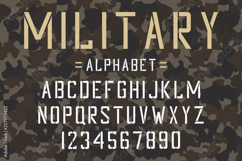 Military stencil font. Army stencil alphabet and numbers on camouflage background. Vintage typeface. Vector.