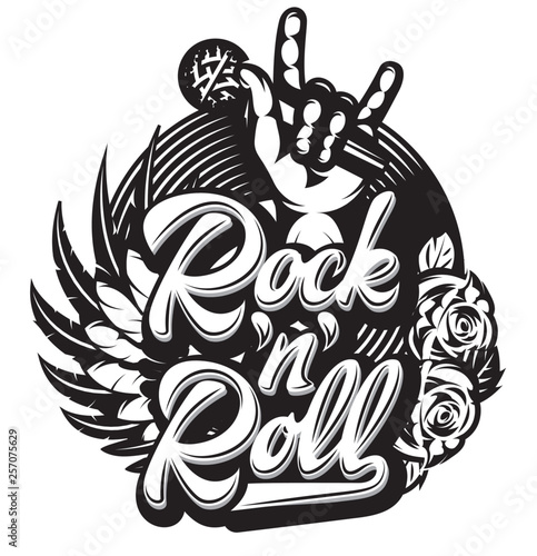 Vector stylish print template on the theme of rock with microphone, wing, vinyl, rose