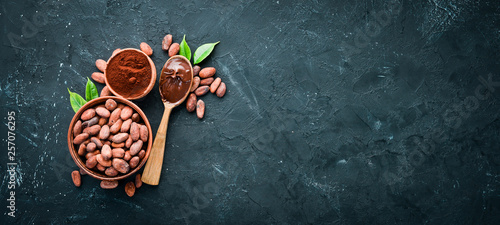 Cocoa beans, cocoa powder is dark and light. On a black background. Top view.