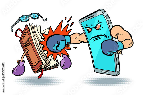 smartphone against book. enmity of technology and culture concept
