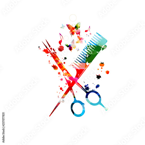 Hairdressing tools background. Colorful comb and scissors vector illustration...