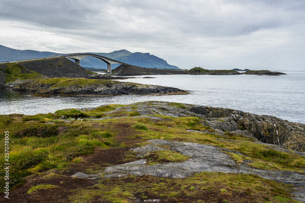View of the famous Atlantic Road (Atlanterhavsvegen) and the iconic Storseisundet Bridge, More og Romsdal, Norway View of the famous Atlantic Road (Atlanterhavsvegen) and the iconic Storseisundet Bridge, More og Romsdal, Norway