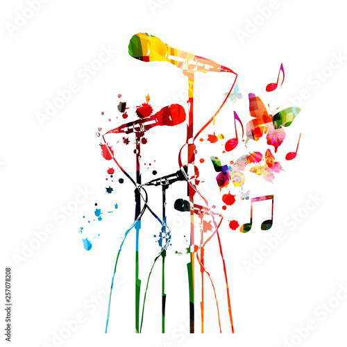 Colorful microphones with music notes isolated vector illustration design. Music background. Karaoke poster, music festival poster, live concert events, party flyer