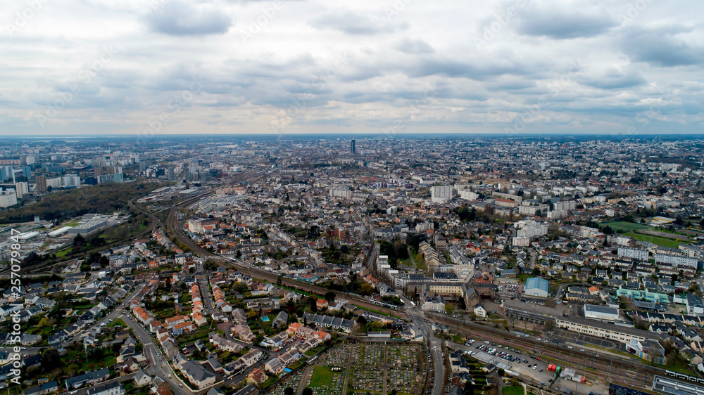 Aerial view of Nantes city on a cloudy day, France