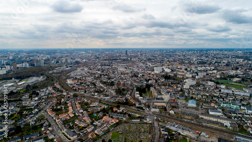 Aerial view of Nantes city on a cloudy day, France