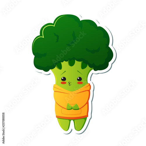 Sticker kawaii broccoli character. Cute broccoli in yellow hoodies.
