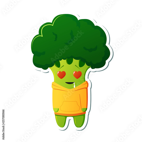 Sticker kawaii broccoli character. Cute broccoli in yellow hoodies.