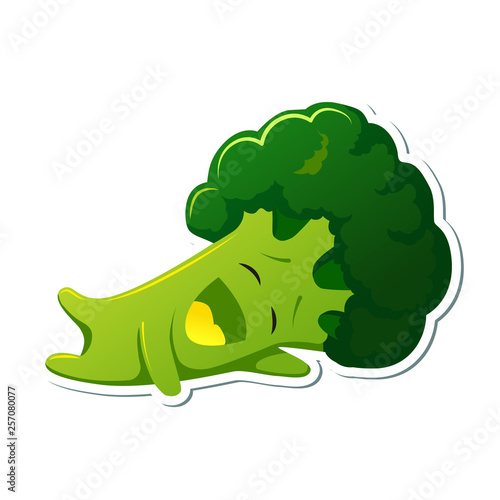 Sticker kawaii broccoli character. Cute broccoli in yellow hoodies.