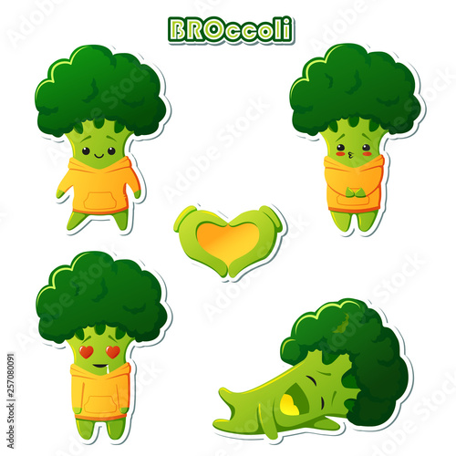 Set of Stickers kawaii broccoli character. Cute broccoli in yellow hoodies.