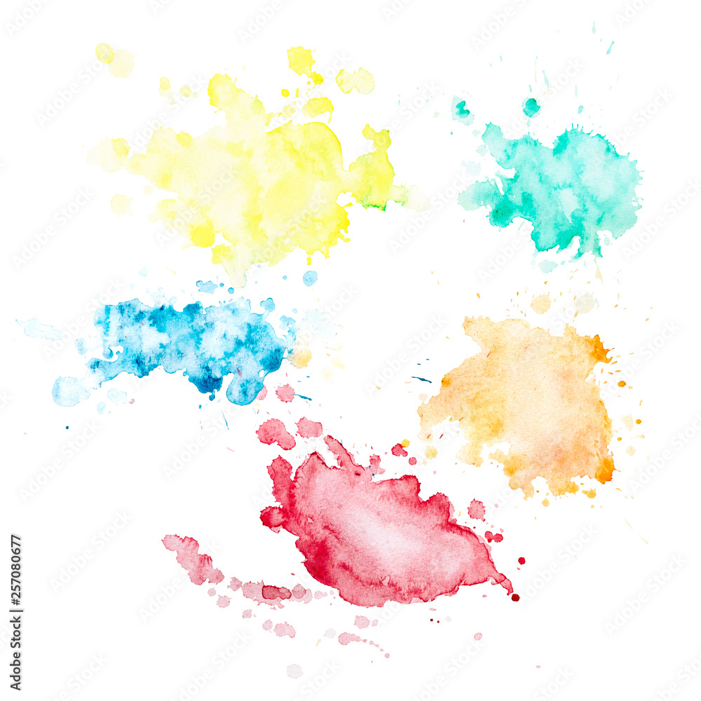 Set of 5 watercolor blots with splashes and stains.