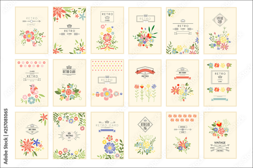 Retro card with flowers set, romantic vintage cards collection vector Illustrations