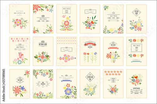 Retro card with flowers set, romantic vintage cards collection vector Illustrations