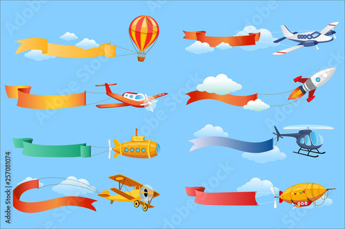 Air vehicles with horizontal banners set, helicopter, airplane, biplane, airship with ribbons vector Illustrations