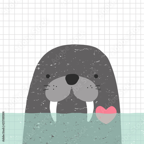Cute childish print or poster with walrus in water. Nautical graphic. Vector hand drawn illustration.