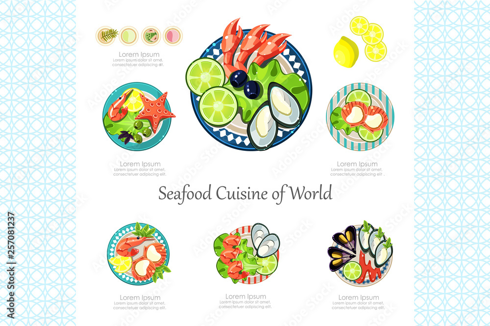 Seafood Cuisine of World, restaurant delicious dish, design element for banner or poster vector Illustration on a white background