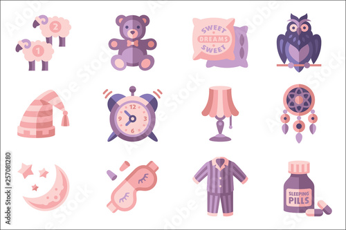 Sleep time set, objects for sleep, good night vector Illustrations in flat style on a white background