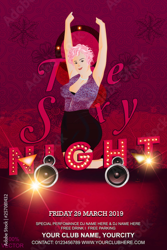 Night club hot dance disco party invitation. Hot and sexy deep decollete red-haired girl in mini skirt on abstract floral background. Invitation template design for glamour event, party flyer.
