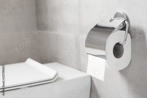 Quadro su tela Roll of toilet paper hanging on metal toilet-paper holder at restroom