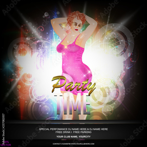 Night club hot dance disco party invitation. Hot and sexy deep decollete girl in shiny pink dress on abstract background. An unique party flyer, invitation design for your next party