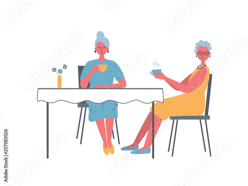 Old ladies are sitting at the table and drinking tea. Two elderly women in the cafe. Vector flat illustration in yellow and blue colors.
