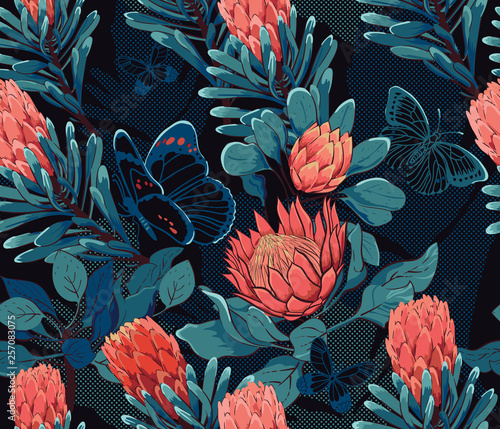 Tropical bohemian paradise in the night, seamless pattern, protea flowers and butterflies_vector illustration