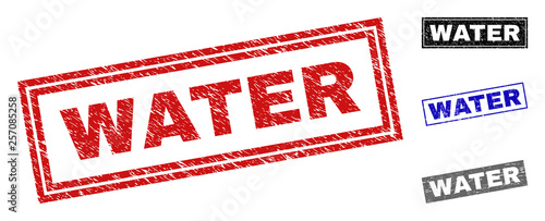 Grunge WATER rectangle stamp seals isolated on a white background. Rectangular seals with grunge texture in red, blue, black and gray colors.