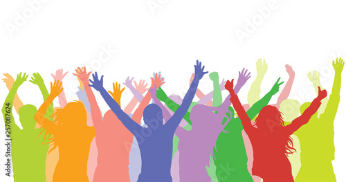 Cheerful people on party (holiday, concert, stadium and etc.). Colorful silhouette of crowd.  Vector illustration