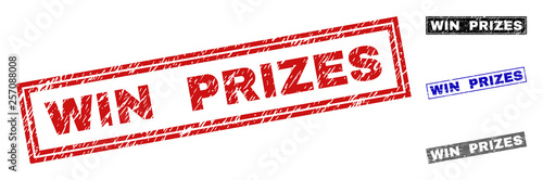 Grunge WIN PRIZES rectangle stamp seals isolated on a white background. Rectangular seals with grunge texture in red, blue, black and gray colors.