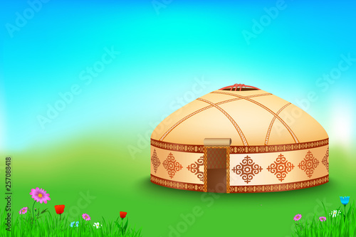 Background with ornamental nomad yurt and flowers