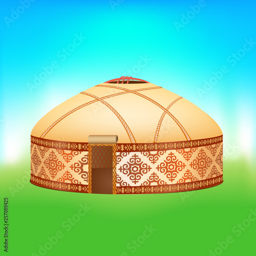 Background with ornamental nomad yurt and flowers